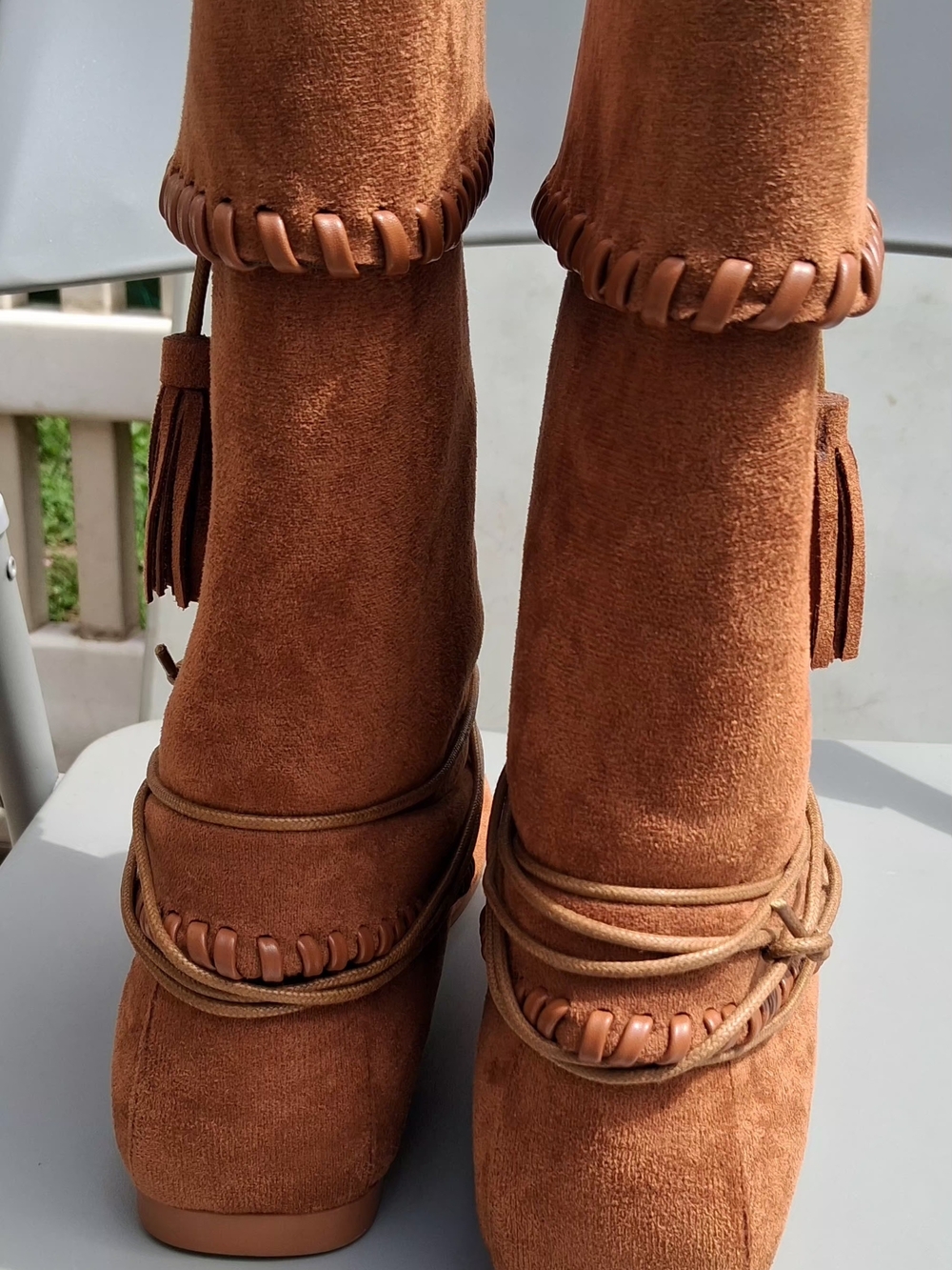 Brown Suede Fringe Moccasins with Pink & Blue Knit Accent - Picture 4 of 9